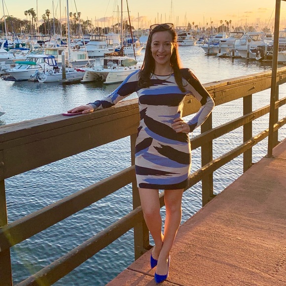 INC International Concepts Dresses & Skirts - INC long sleeved blue & grey fitted sweater dress